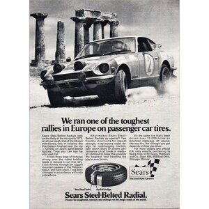 1973 Sears Radial Tire Datsun 280 Vintage Print Ad Athen Acropolis Rally 70s Art